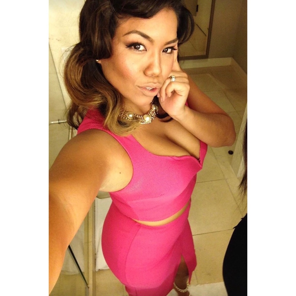 Matching crop top and high slit skirt in pink